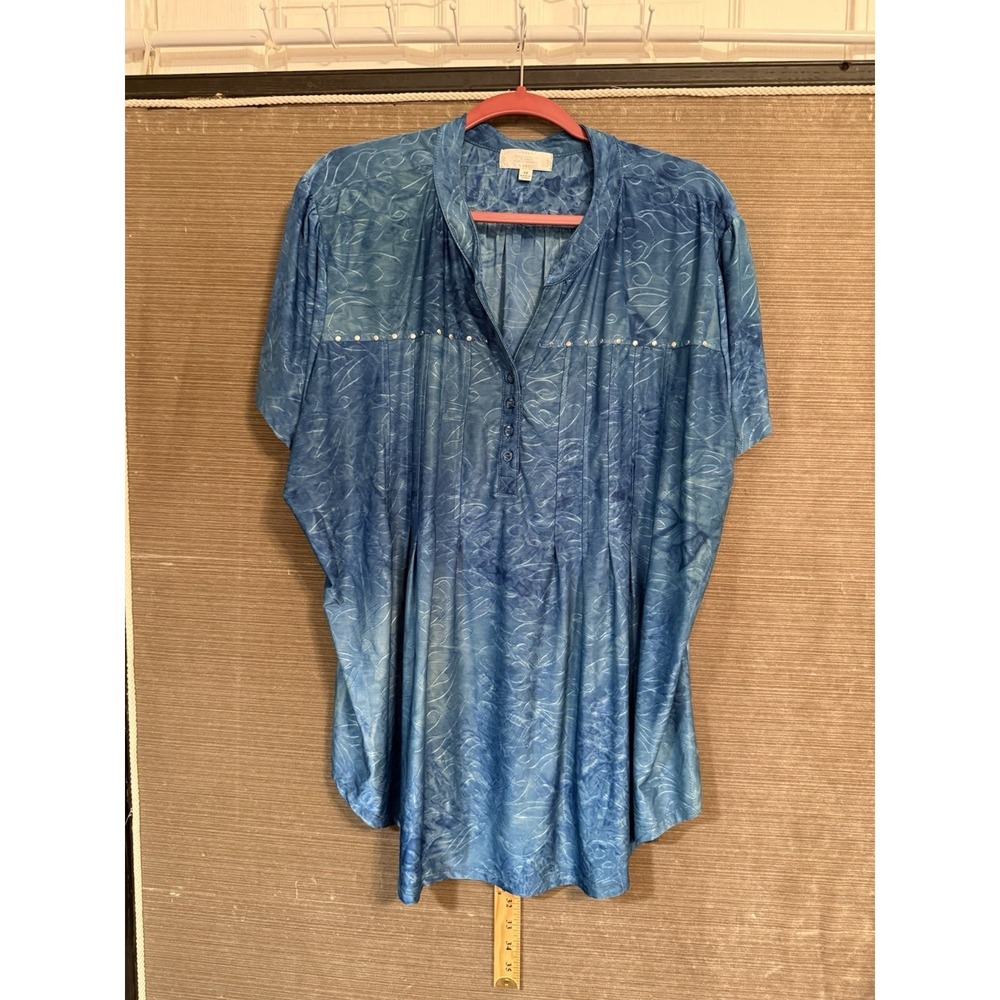 SHANNON FORD NEW YORK Top Women 3X Plus Blue Floral Tie Dye Short Sleeve Stretch